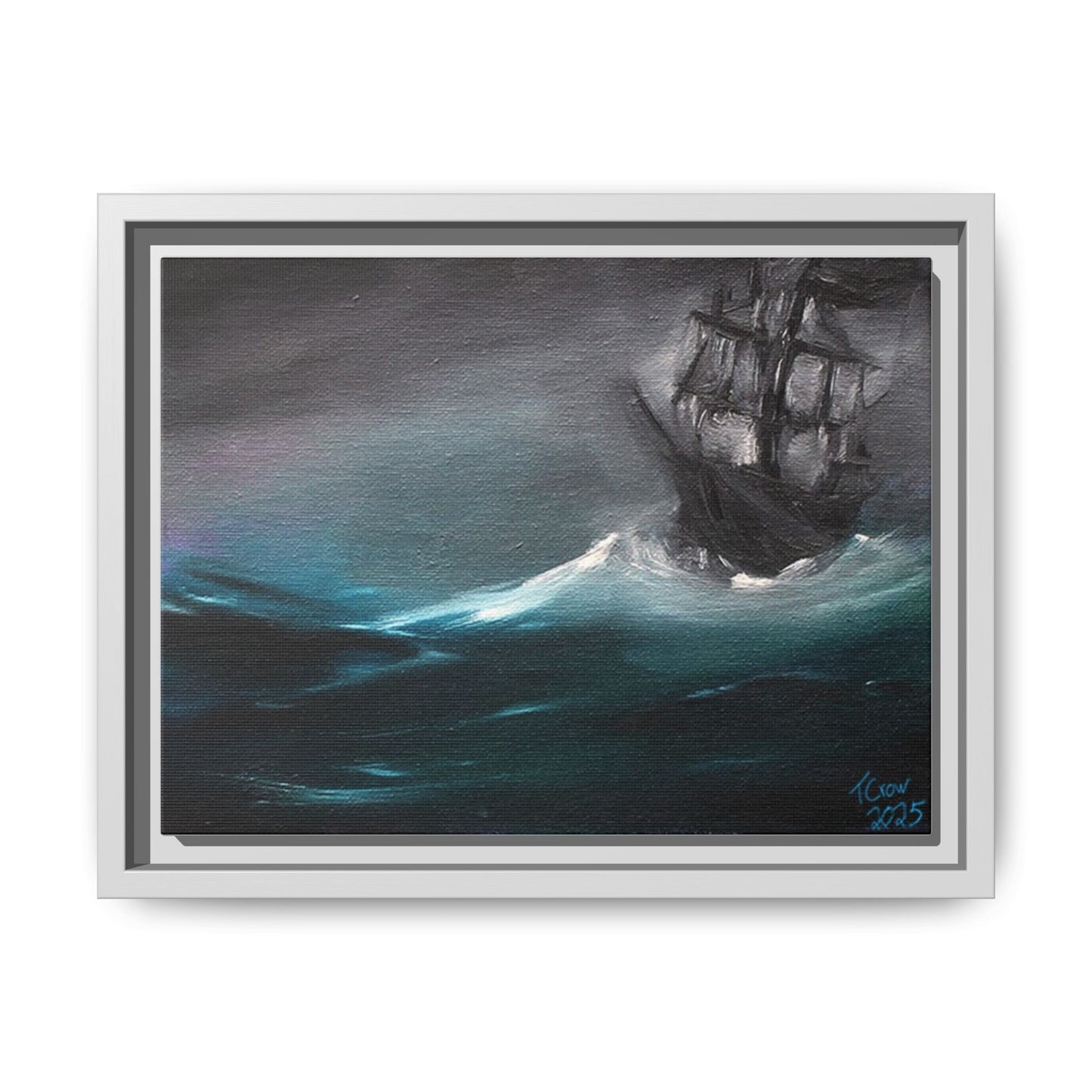 Framed Matte Canvas Art Print - Stormy Seas with Sailing Ship