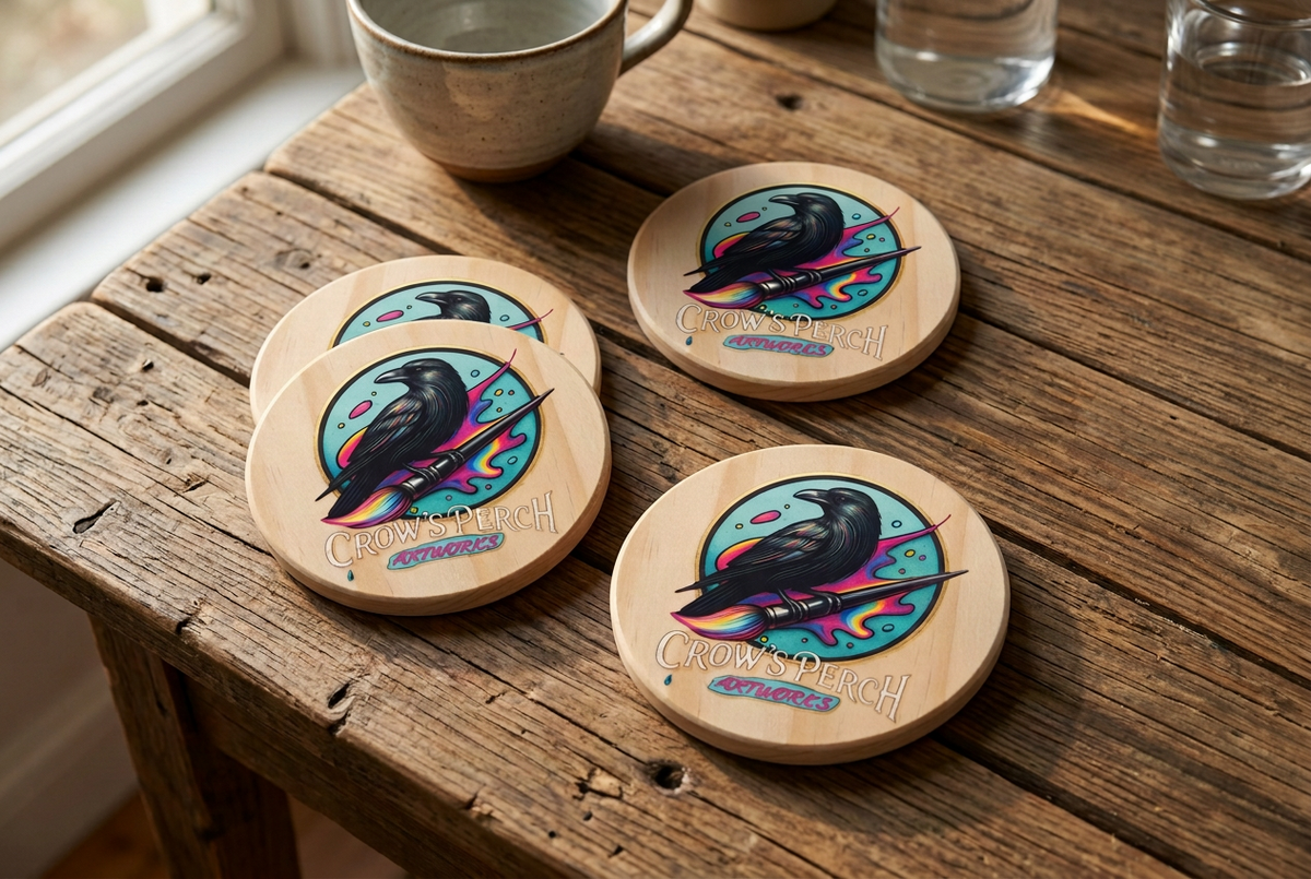Crow's Perch Artworks Wood Coaster (Bundle 4 Pack) (Circle) Crow's Perch Artworks